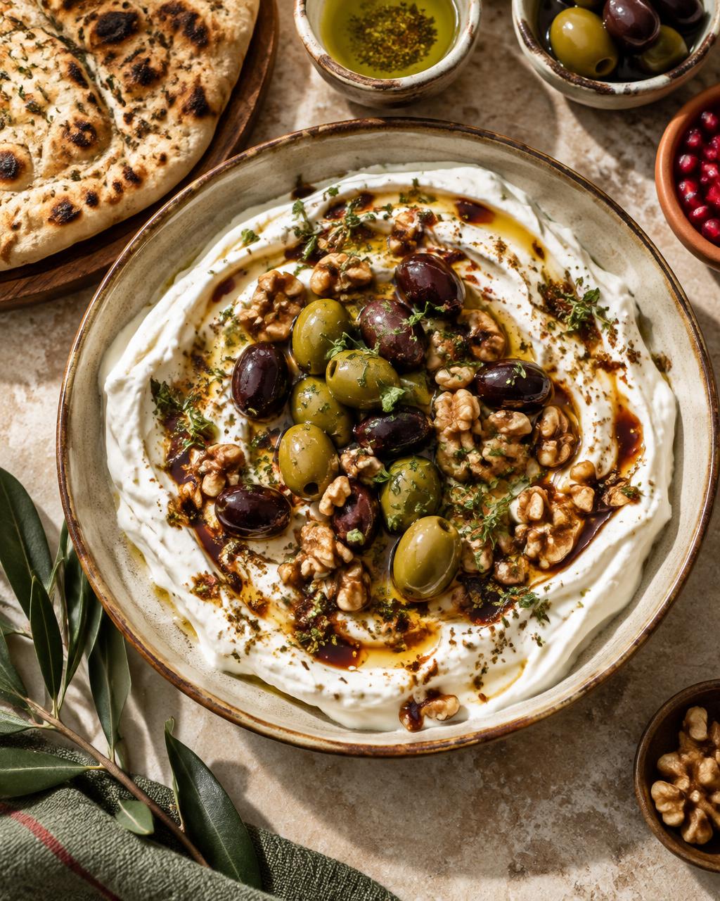Illustrative labneh topped with mixed olives and walnuts, served with bread