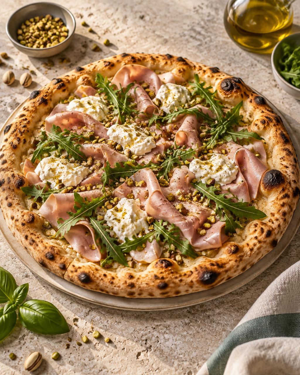 Illustrative mortadella and pistachio pizza with rocket and stracciatella