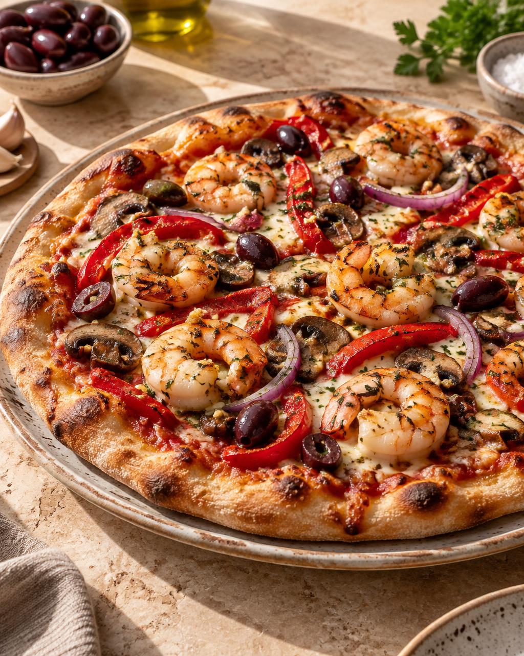 Illustrative garlic prawn pizza with capsicum and Kalamata olives
